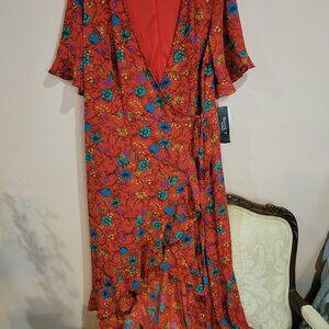 SUITE 7 RED & MULTI-COLOR FLORAL PRINT WRAP DRESS WITH BELL SLEEVES NWT (14W)